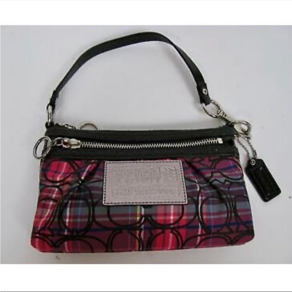 COACH POPPY WRISTLET EVENING PURSE FUCHSIA PINK TARTAN PLAID C LOGO SPARKLE BAG - Picture 2 of 12